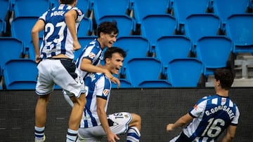 Gorka Carrera celebra uno de los goles marcados esta temporada con la Real Sociedad B.