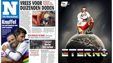 Portada de Het Nieuwsblad y de Sphera Sports tras el triunfo de Alejandro Valverde en los Mundiales de Ciclismo de Innsbruck.