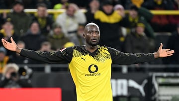 Dortmund's Guinean forward #09 Serhou Guirassy reacts during the German first division Bundesliga football match between Borussia Dortmund and Heidenheim in Dortmund, western Germany, on February 1, 2026. (Photo by UWE KRAFT / AFP) / DFL REGULATIONS PROHIBIT ANY USE OF PHOTOGRAPHS AS IMAGE SEQUENCES AND/OR QUASI-VIDEO