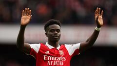 Arsenal's Bukayo Saka celebrates after the Premier League match at the Emirates Stadium, London. Picture date: Sunday March 19, 2023. (Photo by John Walton/PA Images via Getty Images)