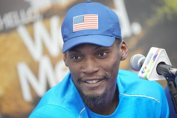 Fred Kerley, durante la rueda de prensa que dio el equipo norteamericano en Eugene.