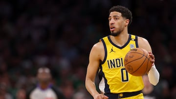 BOSTON, MASSACHUSETTS - MAY 23: Tyrese Haliburton #0 of the Indiana Pacers dribbles the ball during the second quarter in Game Two of the Eastern Conference Finals against the Boston Celtics at TD Garden on May 23, 2024 in Boston, Massachusetts. NOTE TO USER: User expressly acknowledges and agrees that, by downloading and or using this photograph, User is consenting to the terms and conditions of the Getty Images License Agreement. Maddie Meyer/Getty Images/AFP (Photo by Maddie Meyer / GETTY IMAGES NORTH AMERICA / Getty Images via AFP)