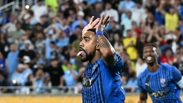 Al Hilal's Brazilian forward #77 Malcom celebrates after scoring his team's second goal during the FIFA Club World Cup 2025 round of 16 football match between England's Manchester City and Saudi's Al-Hilal at the Camping World stadium in Orlando on June 30, 2025. (Photo by Chandan Khanna / AFP)