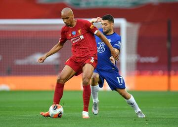 Liverpool's Fabinho in action with Chelsea's Mateo Kovacic.