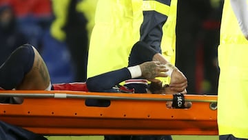Neymar Jr of PSG, injured with a sprained ankle, leaves the pitch on a stretcher during the French championship Ligue 1 football match between Paris Saint-Germain (PSG) and Olympique Lyonnais (OL) on December 13, 2020 at Parc des Princes stadium in Paris,
