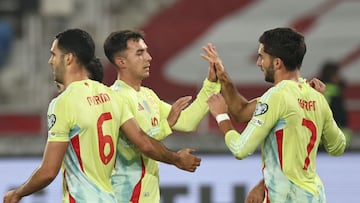 Spain's midfielder #07 Ferran Torres celebrates after scoring the team's third goal during the FIFA World Cup 2026 European qualification football match between Georgia and Spain at the Boris Paichadze National Stadium in Tbilisi on November 15, 2025. (Photo by Giorgi ARJEVANIDZE / AFP)
