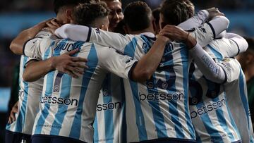 Players of Racing celebrate after scoring during the Copa Libertadores group stage second leg football match between Argentina's Racing and Chile's �ublense at the Cilindro de Avellaneda stadium, in Avellaneda, Buenos Aires province, Argentina, on June 28, 2023. (Photo by ALEJANDRO PAGNI / AFP)