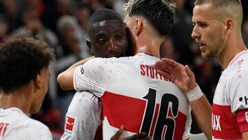 Stuttgart's Guinean forward #09 Serhou Guirassy celebrates Stuttgart's German midfielder #16 Atakan Karazor scoring during the German first division Bundesliga football match between VfB Stuttgart and SV Darmstadt 98 in Stuttgart on September 22, 2023. (Photo by Thomas KIENZLE / AFP) / DFL REGULATIONS PROHIBIT ANY USE OF PHOTOGRAPHS AS IMAGE SEQUENCES AND/OR QUASI-VIDEO