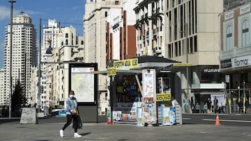 MADRID, SPAIN - SEPTEMBER 29: Generla view of the Gran Via street on September 29, 2020 in Madrid, Spain. The iconic street of Gran Via, the busiest in Spain and the third in Europe, hosts a lot of theatres, cinemas, souvenir stores and restaurants. Many 