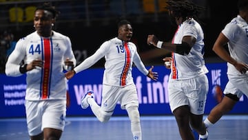 Cape Verde&#039;s right winger Admilson Estaliny Furtado (C) celebrates after scoring during the 2021 World Men&#039;s Handball Championship between Group A teams Hungary and Cape Verde at the 6th of October Sports Hall in 6th of October city, a suburb of