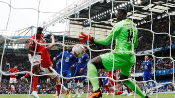 Soccer Football - Premier League - Chelsea v Nottingham Forest - Stamford Bridge, London, Britain - May 13, 2023 Nottingham Forest's Taiwo Awoniyi scores their second goal Action Images via Reuters/Andrew Boyers EDITORIAL USE ONLY. No use with unauthorized audio, video, data, fixture lists, club/league logos or 'live' services. Online in-match use limited to 75 images, no video emulation. No use in betting, games or single club /league/player publications.  Please contact your account representative for further details.