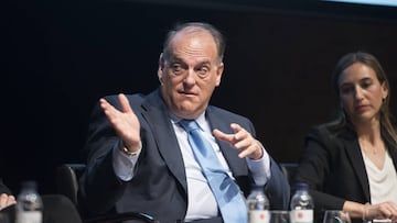 Javier Tebas, durante la mesa redoinda celebrada en Barcelona.