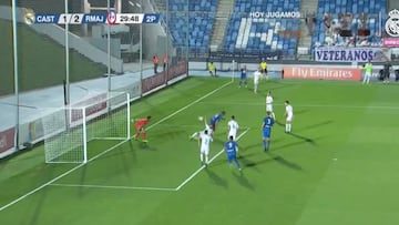 Player uses his rear-end to put the ball past Luca Zidane