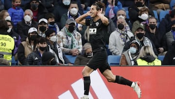 MADRID, SPAIN - JANUARY 23: Pere Milla of Elche celebrates a goal during the La Liga week 22 match between Real Madrid and Elche at Santiago Bernabeu in Madrid, Spain on January 23, 2022. (Photo by Burak Akbulut/Anadolu Agency via Getty Images)