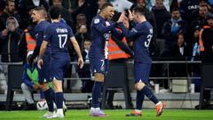 MARSEILLE, FRANCE - FEBRUARY 26: Lionel Messi #30 of Paris Saint-Germain celebrate his first goal with Kylian Mbappe #7 during the Ligue 1 match between Olympique Marseille and Paris Saint-Germain at Orange Velodrome on February 26, 2023 in Marseille, France. (Photo by Xavier Laine/Getty Images)