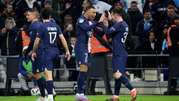 MARSEILLE, FRANCE - FEBRUARY 26: Lionel Messi #30 of Paris Saint-Germain celebrate his first goal with Kylian Mbappe #7 during the Ligue 1 match between Olympique Marseille and Paris Saint-Germain at Orange Velodrome on February 26, 2023 in Marseille, France. (Photo by Xavier Laine/Getty Images)