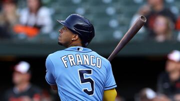 BALTIMORE, MARYLAND - MAY 09: Wander Franco #5 of the Tampa Bay Rays hits a home run against the Baltimore Orioles during the first inning at Oriole Park at Camden Yards on May 9, 2023 in Baltimore, Maryland.   Patrick Smith/Getty Images/AFP (Photo by Patrick Smith / GETTY IMAGES NORTH AMERICA / Getty Images via AFP)