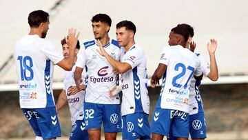 Los jugadores del Tenerife celebran la goleada ante el Marino.