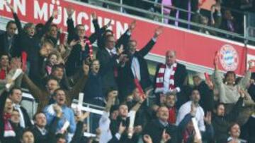 MUNICH, GERMANY - APRIL 23: Bayern Munich President Uli Hoeness looks on as supporters and Karl-Heinz Rummenigge celebrate during the UEFA Champions League Semi Final First Leg match between FC Bayern Muenchen and Barcelona at Allianz Arena on April 23, 2013 in Munich, Germany. (Photo by Alex Grimm/Bongarts/Getty Images)