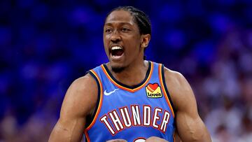 OKLAHOMA CITY, OKLAHOMA - MAY 28: Jalen Williams #8 of the Oklahoma City Thunder reacts against the Minnesota Timberwolves during the fourth quarter in Game Five of the Western Conference Finals of the 2025 NBA Playoffs at Paycom Center on May 28, 2025 in Oklahoma City, Oklahoma. NOTE TO USER: User expressly acknowledges and agrees that, by downloading and or using this photograph, User is consenting to the terms and conditions of the Getty Images License Agreement. Matthew Stockman/Getty Images/AFP (Photo by MATTHEW STOCKMAN / GETTY IMAGES NORTH AMERICA / Getty Images via AFP)