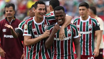 Soccer Football - FIFA Club World Cup - Quarter Final - Fluminense v Al Hilal - Camping World Stadium, Orlando, Florida, U.S. - July 4, 2025 Fluminense's Ganso and Jhon Arias celebrate after the match IMAGN IMAGES via Reuters/Nathan Ray Seebeck