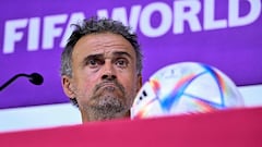 Spain's coach Luis Enrique reacts as he attends a press conference at the Qatar National Convention Center (QNCC) in Doha on November 30, 2022, on the eve of the Qatar 2022 World Cup football match between Japan and Spain. (Photo by JAVIER SORIANO / AFP)