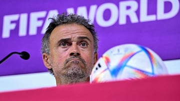 Spain's coach Luis Enrique reacts as he attends a press conference at the Qatar National Convention Center (QNCC) in Doha on November 30, 2022, on the eve of the Qatar 2022 World Cup football match between Japan and Spain. (Photo by JAVIER SORIANO / AFP)
