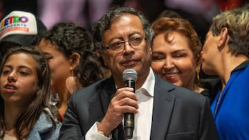 Gustavo Petro, Colombia's president-elect, speaks during an election night rally following the runoff presidential election in Bogota, Colombia, on Sunday, June 19, 2022. Colombia is bracing for the prospect of a radical change in economic and political direction after electing a former guerrilla to the presidency on a platform of transforming the country's business-friendly model. Photographer: Andres Cardona/Bloomberg via Getty Images