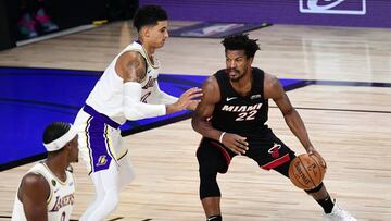 LAKE BUENA VISTA, FLORIDA - OCTOBER 04: Jimmy Butler #22 of the Miami Heat dribbles against Kyle Kuzma #0 of the Los Angeles Lakers during the first half in Game Three of the 2020 NBA Finals at AdventHealth Arena at ESPN Wide World Of Sports Complex on October 04, 2020 in Lake Buena Vista, Florida. NOTE TO USER: User expressly acknowledges and agrees that, by downloading and or using this photograph, User is consenting to the terms and conditions of the Getty Images License Agreement. Douglas P. DeFelice/Getty Images/AFP
== FOR NEWSPAPERS, INTERNET, TELCOS & TELEVISION USE ONLY ==
