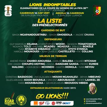 La lista de convocados de Camerún en la que entra Yvan Neyou. 