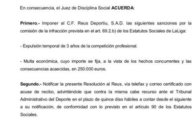 El juez de LaLiga expulsa al Reus durante tres a?os