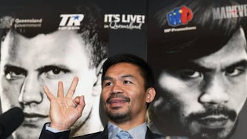 Manny Pacquiao posa para los medios en la rueda de prensa de presentación de su duelo ante Jeff Horn.