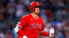 ATLANTA, GEORGIA - JULY 31: Shohei Ohtani #17 of the Los Angeles Angels reacts after hitting a fly ball for an out during the ninth inning against the Atlanta Braves at Truist Park on July 31, 2023 in Atlanta, Georgia.   Todd Kirkland/Getty Images/AFP (Photo by Todd Kirkland / GETTY IMAGES NORTH AMERICA / Getty Images via AFP)