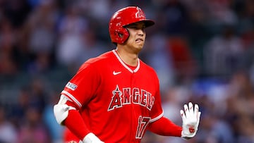 ATLANTA, GEORGIA - JULY 31: Shohei Ohtani #17 of the Los Angeles Angels reacts after hitting a fly ball for an out during the ninth inning against the Atlanta Braves at Truist Park on July 31, 2023 in Atlanta, Georgia.   Todd Kirkland/Getty Images/AFP (Photo by Todd Kirkland / GETTY IMAGES NORTH AMERICA / Getty Images via AFP)