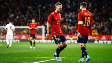 Dani Olmo of Spain celebrates a goal during the International Friendly match between Spain and Albania at RCD Stadium on March 26, 2022 in Barcelona, Spain.
 AFP7 
 26/03/2022 ONLY FOR USE IN SPAIN