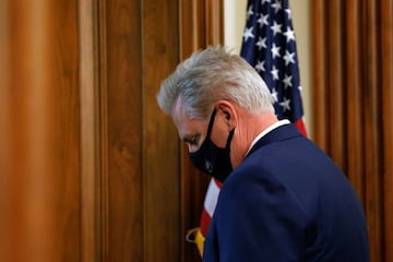 U.S. House Minority Leader Kevin McCarthy (R-CA) walks through the U.S. Capitol during a vote in the U.S. House of Representives on a Democratic-backed resolution that would punish U.S. Rep. Marjorie Taylor Greene for her incendiary remarks supporting vio