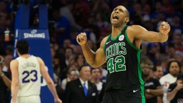 May 5, 2018; Philadelphia, PA, USA; Boston Celtics forward Al Horford (42) reacts as time winds down on a victory against the Philadelphia 76ers in game three of the second round of the 2018 NBA Playoffs at Wells Fargo Center. Mandatory Credit: Bill Streicher-USA TODAY Sports