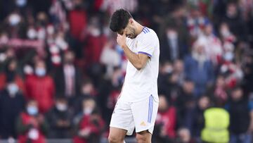 BILBAO, SPAIN - FEBRUARY 03: Marco Asensio of Real Madrid reacts after being scored by Athletic Club during the Copa del Rey Quarter Final match between Athletic Club and Real Madrid at Estadio de San Mames on February 03, 2022 in Bilbao, Spain. (Photo by