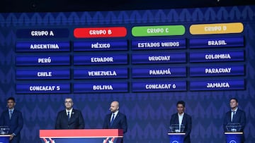 Groups are displayed on screens after the final draw for the Conmebol Copa America 2024 football competition at the James L. Knight Centre in Miami, Florida, on December 7, 2023. (Photo by ANGELA WEISS / AFP)