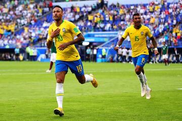 Neymar celebrates scoring for Brazil in their 2-0 last-16 win over Mexico at the World Cup.