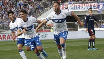 Futbol, Universidad de Chile vs Universidad Católica. Quinta fecha, segunda vuelta Campeonato 2019. El jugador de Universidad Católica German Lanaro, celebra su gol contra Universidad de Chile durante el partido de primera division realizado en el estadio Nacional de Santiago, Chile. 25/08/2019 Marcelo Hernandez/Photosport Football, Universidad de Chile vs Universidad Catolica. Fifth date, second round Championship 2019. Universidad Católica's player German Lanaro celebrates his goal against Universidad de Chile during the first division football match held at Nacional stadium in Santiago, Chile. 25/08/2019 Marcelo Hernandez/Photosport