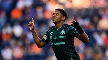 Aug 9, 2024; Cincinnati, Ohio, USA; Santos Laguna forward Anthony Lozano (11) reacts after scoring a goal against FC Cincinnati in the first half at TQL Stadium. Mandatory Credit: Katie Stratman-USA TODAY Sports