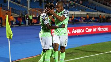 Cairo (Egypt), 10/07/2019.- Samuel Chukwueze (L) celebrates goal during the 2019 Africa Cup of Nations Finals, quarterfinals match between Nigeria and South Africa at Cairo International Stadium, Cairo, Egypt on 10 July 2019. (Egipto, Sud&aacute;frica) EF