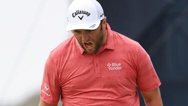 SAN DIEGO, CALIFORNIA - JUNE 20: Jon Rahm of Spain reacts after making a putt for birdie on the 17th hole during the final round of the 2021 U.S. Open at Torrey Pines Golf Course (South Course) on June 20, 2021 in San Diego, California. Sean M. Haffey/Get