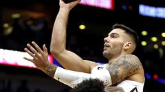 Willy Hernangomez #9 of the New Orleans Pelicans shoots over Marvin Bagley III #35 of the Detroit Pistons during the second quarter of of an NBA preseason game at Smoothie King Center on October 07, 2022 in New Orleans, Louisiana.