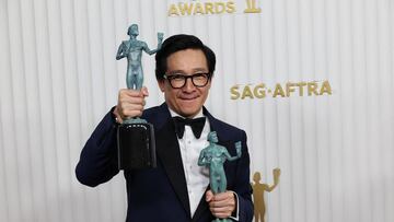 Ke Huy Quan poses with the awards for Outstanding Performance by a Male Actor in a Supporting Role and Outstanding Performance by a Cast in a Motion Picture for “Everything Everywhere All at Once” during the 29th Screen Actors Guild Awards at the Fairmont Century Plaza Hotel in Los Angeles, California, U.S., February 26, 2023. REUTERS/Aude Guerrucci