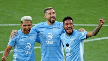 Aug 9, 2022; Saint Paul, MN, USA; MLS midfielder Hector Herrera (16) of Houston Dynamo (center) and forward Jesus Ferreira (20) of FC Dallas (right) and midfielder Emanuel Reynoso (16) of Minnesota United (left) celebrate during the 2022 MLS All-Star Skills Challenge at Allianz Field. Mandatory Credit: Matt Krohn-USA TODAY Sports