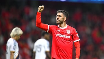 Joao Dias celebrates his goal 2-0 of Toluca during the Quarter Finals first leg match between Toluca and Los Angeles Galaxy as part of the CONCACAF Champions Cup 2026, at Nemesio Diez Stadium, on April 08, 2026 in Toluca Estado de Mexico, Mexico.