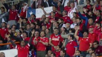Chile's fans celebrate Peru's defeat during a 2018 Russia World Cup qualifying soccer match in Lima, Peru, Tuesday, Oct. 13, 2015. Chile won the match 4-3. (AP Photo/Rodrigo Abd)