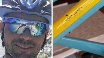 Carlos López, a la izquierda, y su bicicleta rota, a la derecha.
